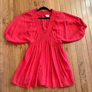 Red V-Neck Women's Lined Dress by LELIS